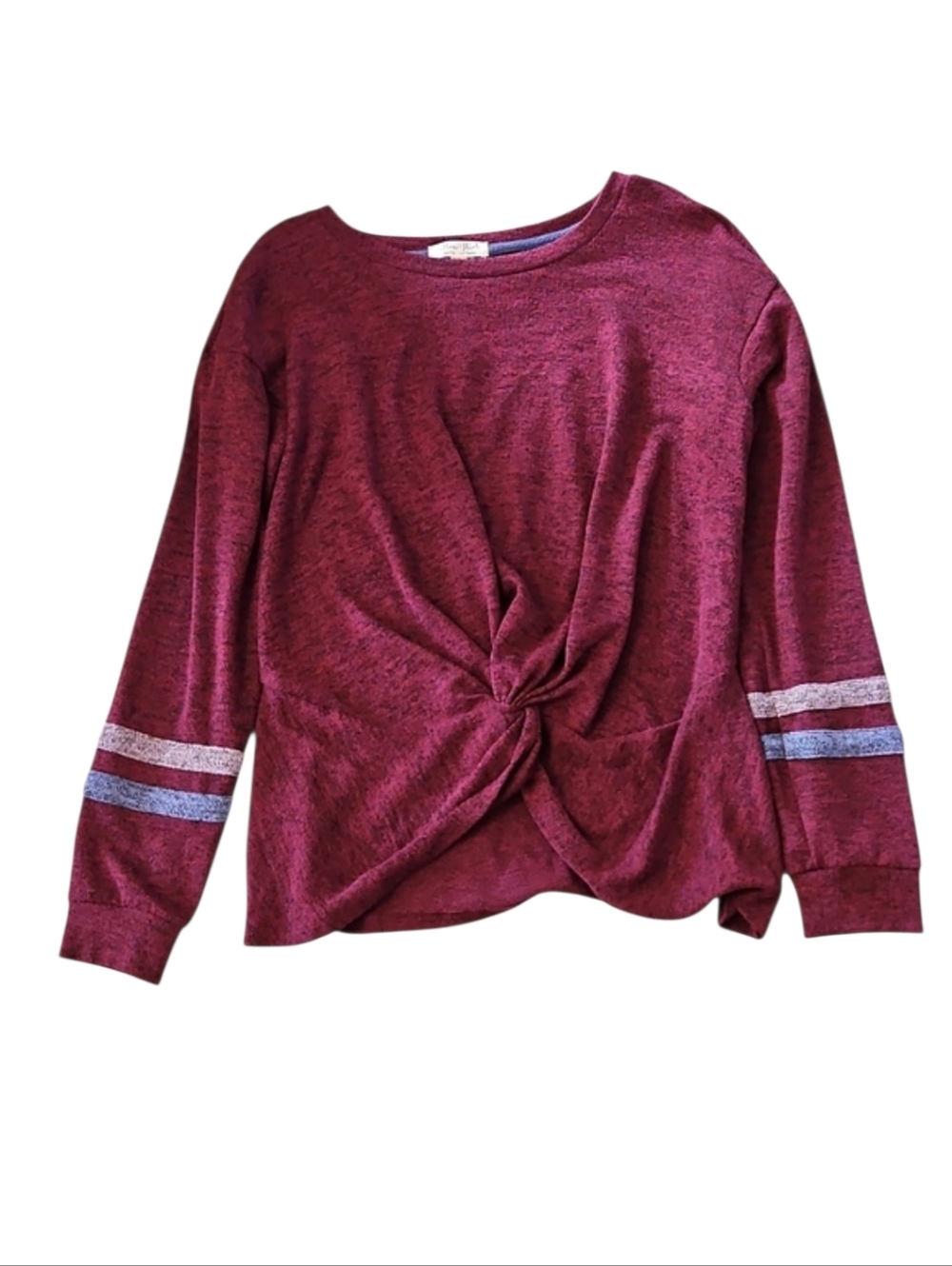 Twist Front Long Sleeve Top in Maroon with Stripe Sleeves Size Medium